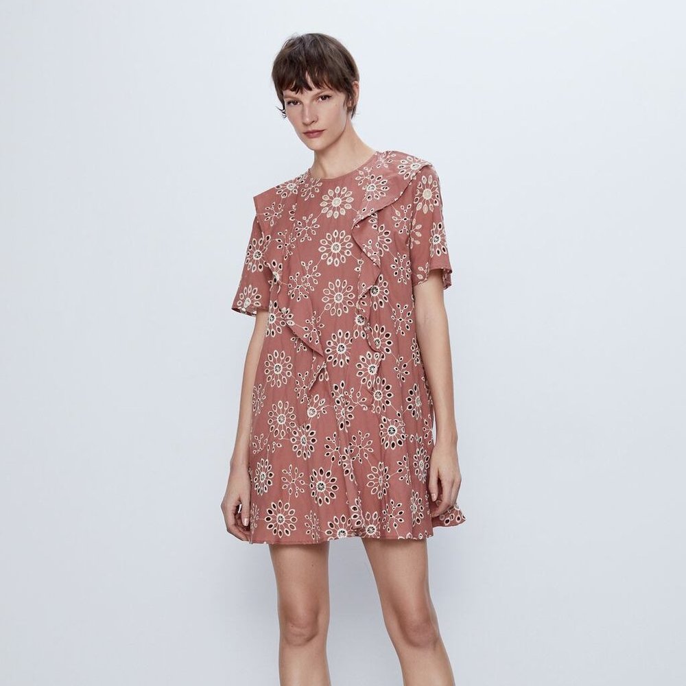 NWT Zara Marsala Embroidered Mini Eyelet Dress - Picture 2 of 8